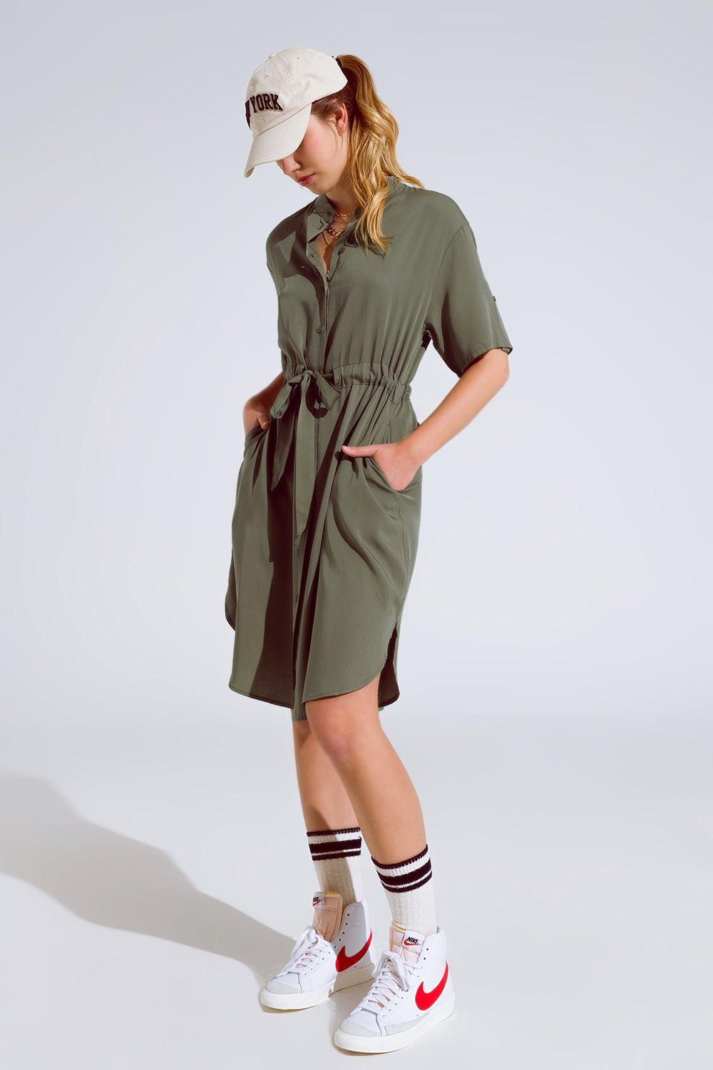 Q2 Flowy Button Up Dress With Belt And Side Pockets