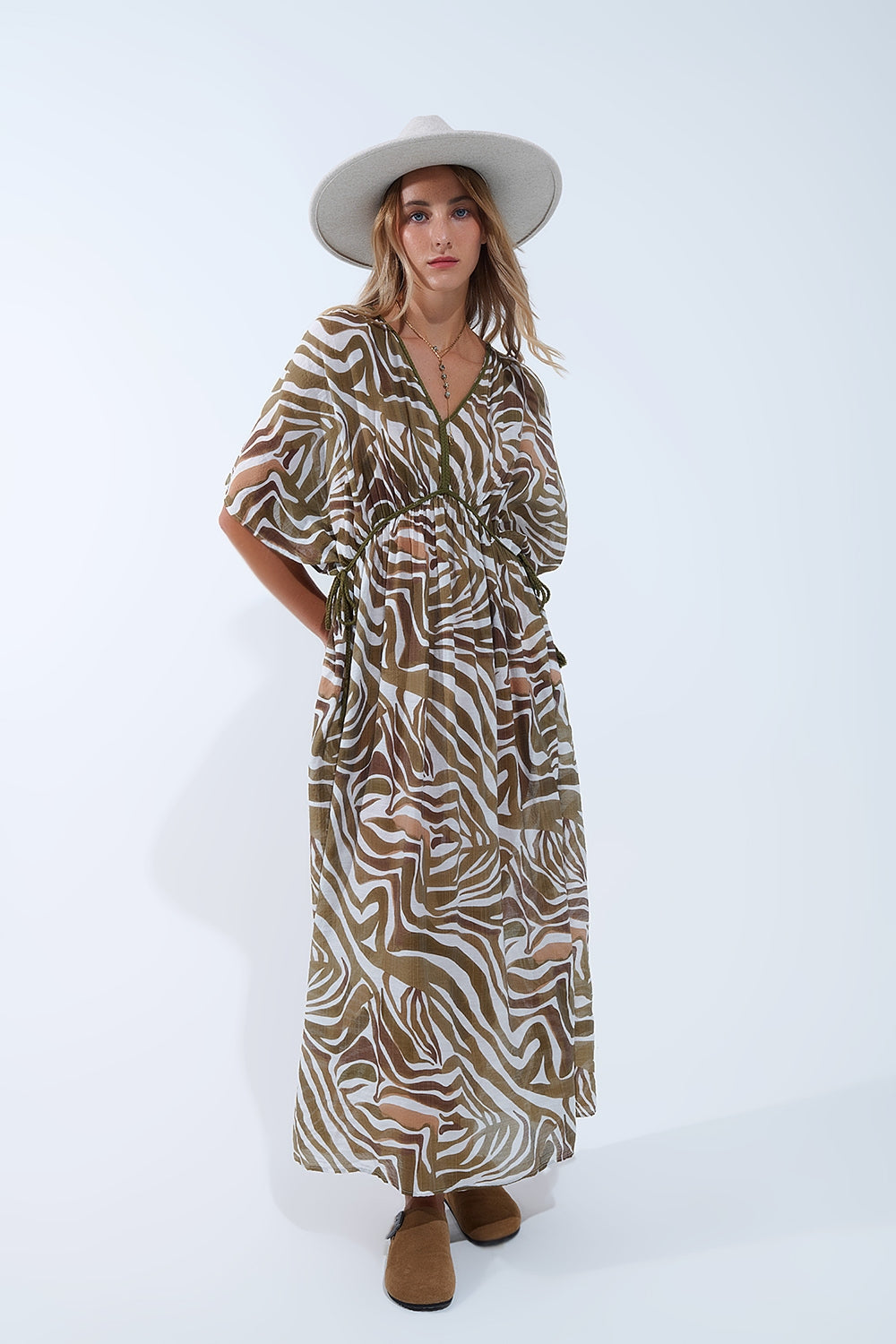 Q2 flowy chiffon Khaki Zebra Print Maxi Dress with Drawstring Waist