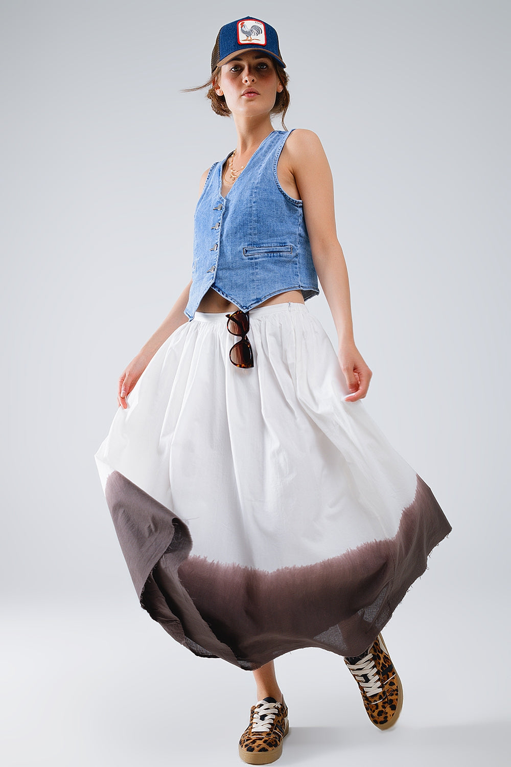 Flowy Drop Waist White Skirt With Brown Ombre Detail