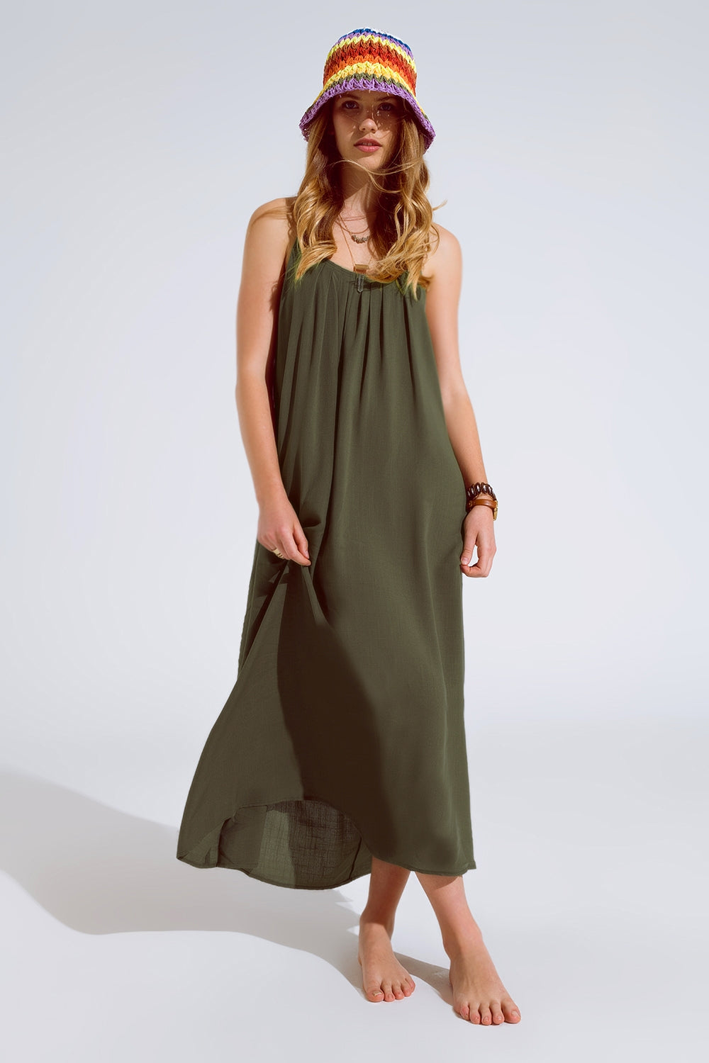 Q2 Flowy Khaki maxi Dress With Spaghetti Straps And Beaded Details