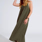 Flowy Khaki maxi Dress With Spaghetti Straps And Beaded Details