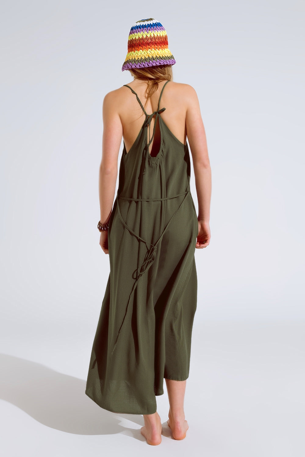 Flowy Khaki maxi Dress With Spaghetti Straps And Beaded Details