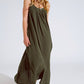 Flowy Khaki maxi Dress With Spaghetti Straps And Beaded Details