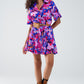 Q2 Flowy Short Shirt Dress With Abstrat Print In Fuchsia and Purple