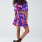 Flowy Short Shirt Dress With Abstrat Print In Fuchsia and Purple