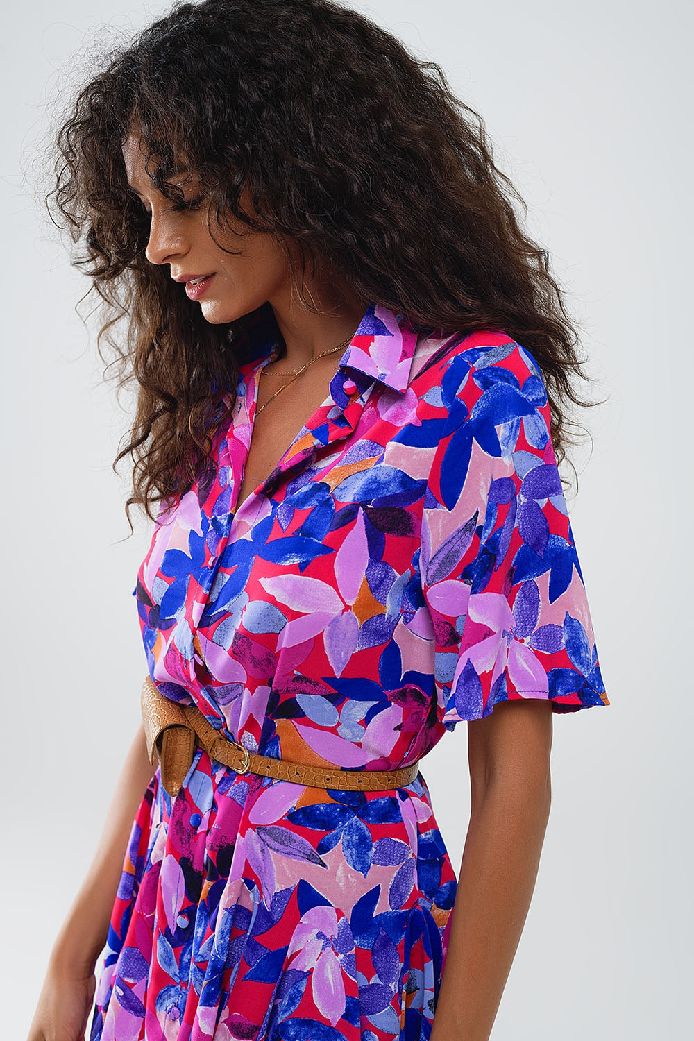 Flowy Short Shirt Dress With Abstrat Print In Fuchsia and Purple