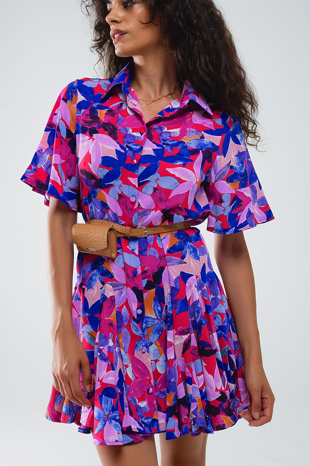 Flowy Short Shirt Dress With Abstrat Print In Fuchsia and Purple