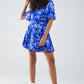 Q2 Flowy Short Shirt Dress With Angel Sleeves in Blue Abstract Print