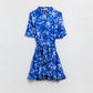 Flowy Short Shirt Dress With Angel Sleeves in Blue Abstract Print