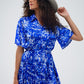 Flowy Short Shirt Dress With Angel Sleeves in Blue Abstract Print