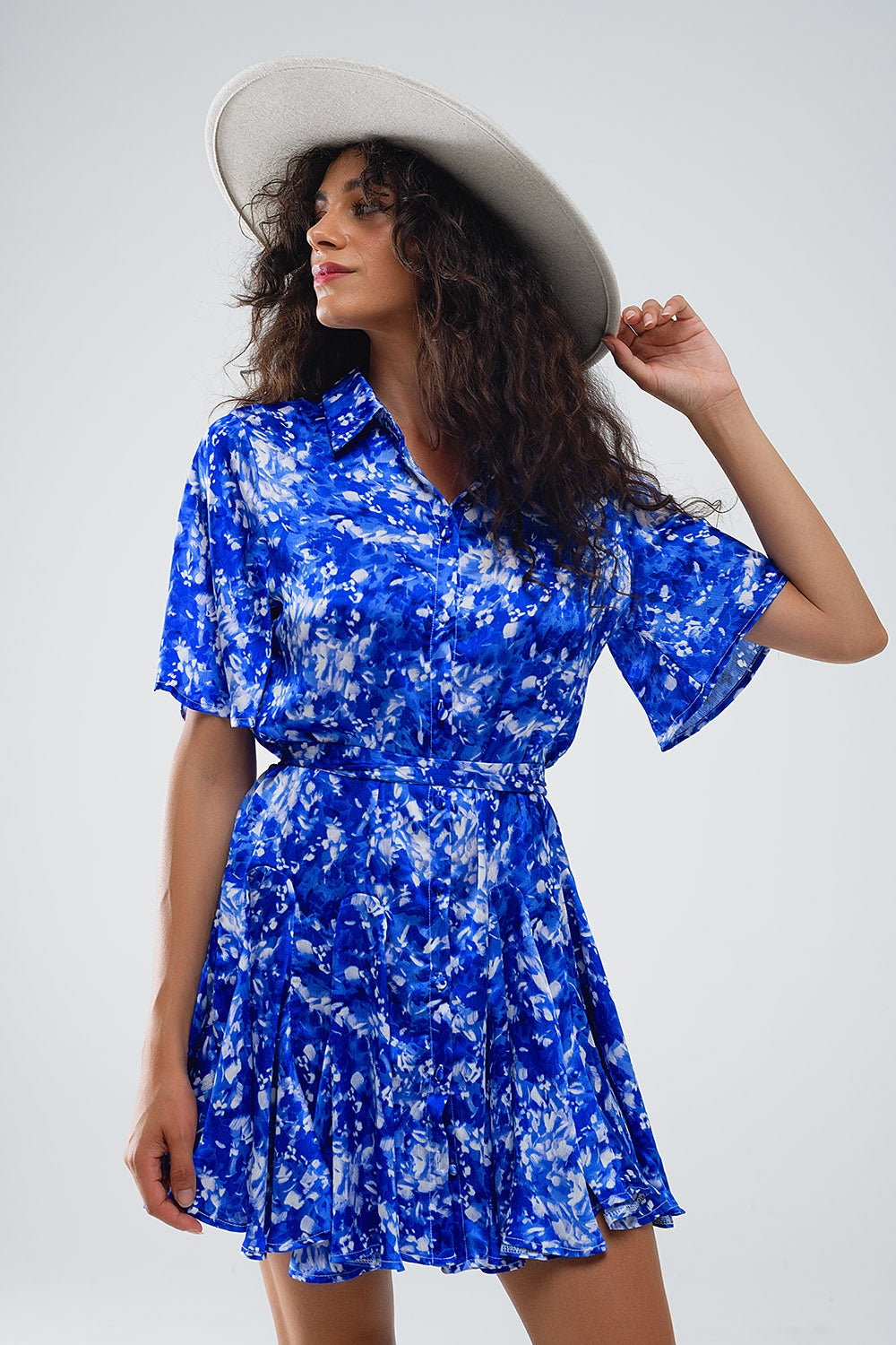 Flowy Short Shirt Dress With Angel Sleeves in Blue Abstract Print