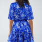 Flowy Short Shirt Dress With Angel Sleeves in Blue Abstract Print