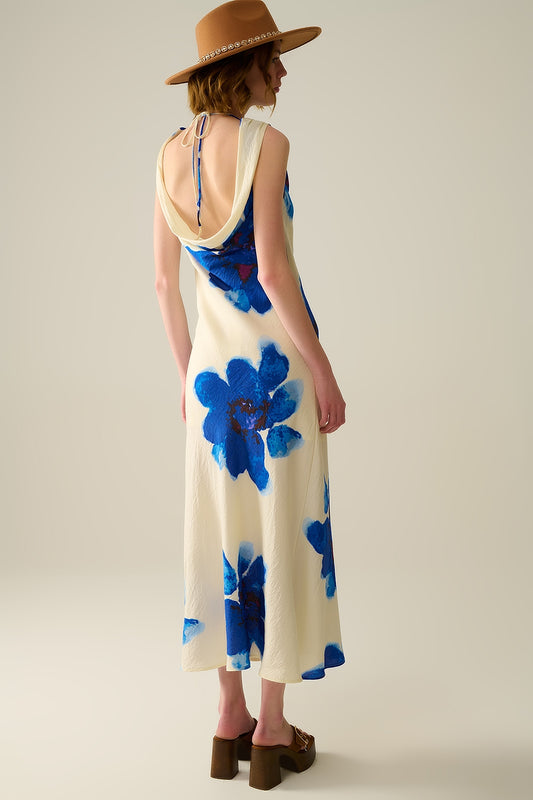 Flowy sleeveless Blue maxi dress with floral print