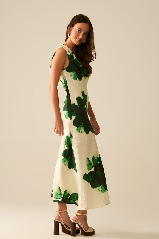 Flowy sleeveless Green maxi dress with floral print