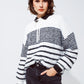 Q2 Fluffy  Crew Neck Sweater With thin Black Stripes in White