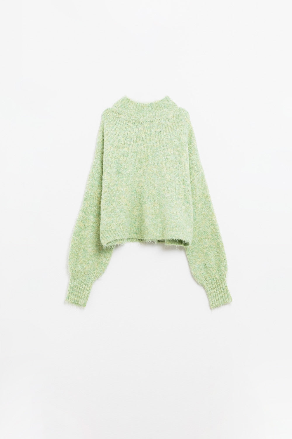 Fluffy light green sweater with high neck and balloon sleeves