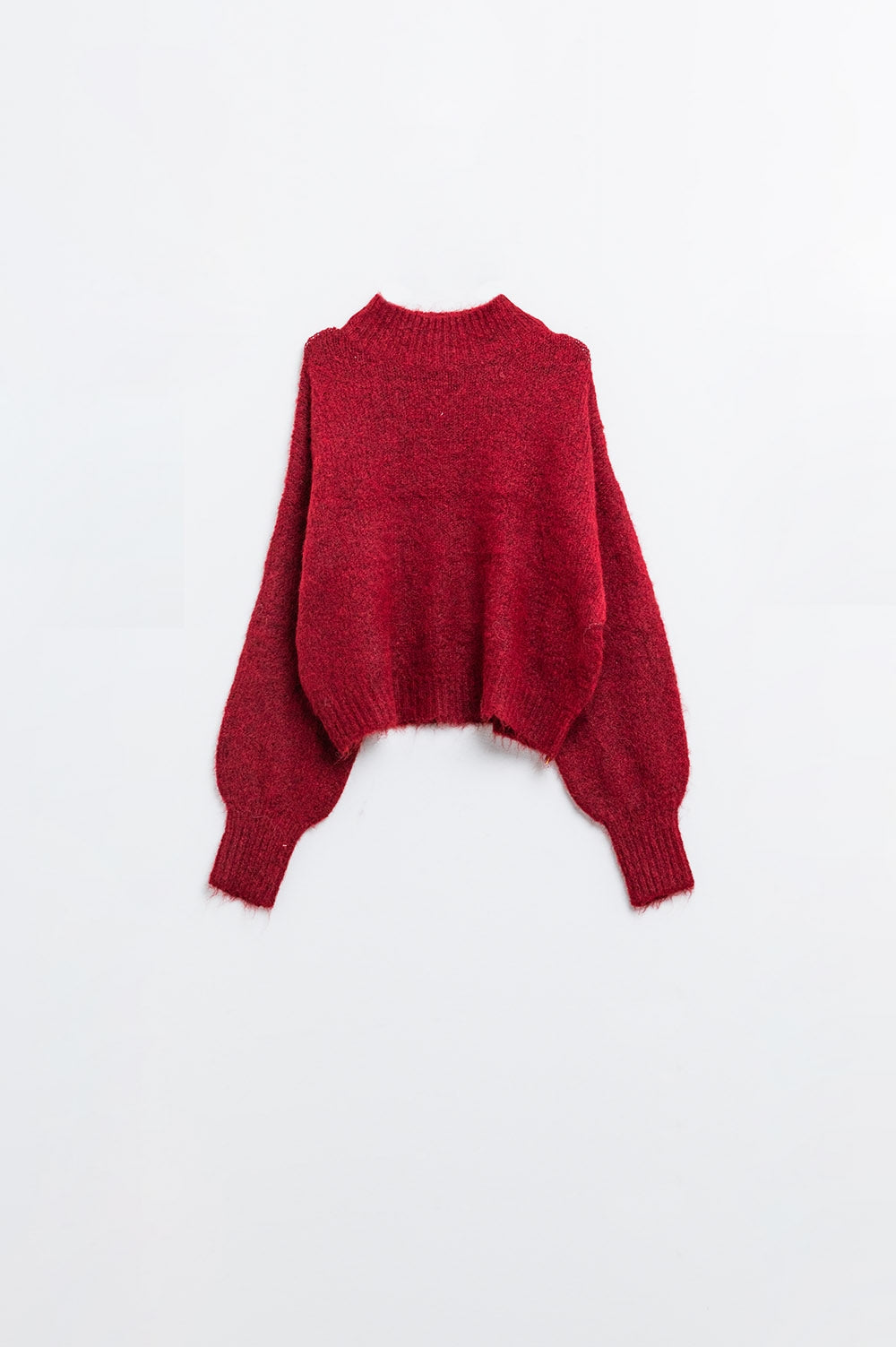 Fluffy red sweater with high neck and balloon sleeves