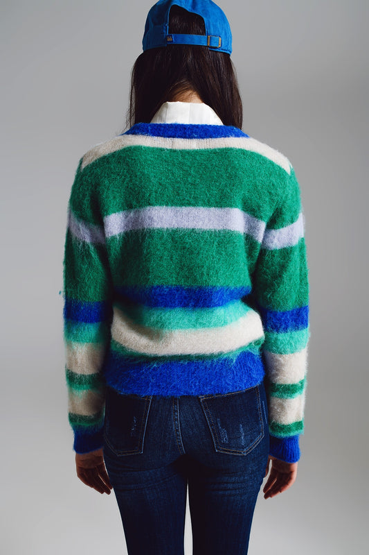 Fluffy Stripy Sweater in Shades of Blue Green and White.