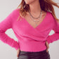 Q2 Fluffy v neck knit jumper in fuchsia