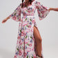 Q2 Flutter sleeve maxi dress in pink floral print