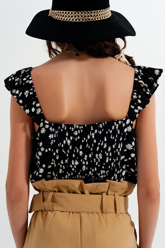 Frill strap cami top in black ditsy floral print