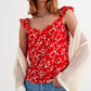 Frill strap cami top in red ditsy floral print