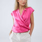 Q2 Fuchsia Crossed Silk Top With V-neck and Short Sleeves