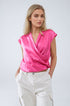 Q2 Fuchsia Crossed Silk Top With V-neck and Short Sleeves