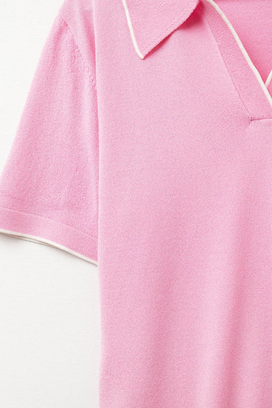 fuchsia knit polo shirt with contrasting detail
