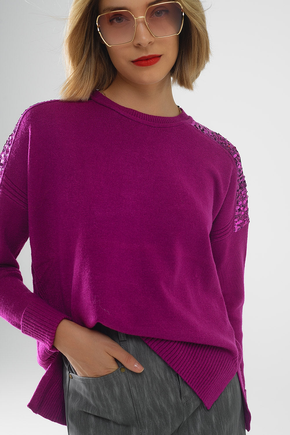 fuchsia Long Sleeves Sweater With Sequins on The Shoulders