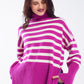 Q2 Fuchsia oversized trutleneck sweater with white stripes and splits on the side