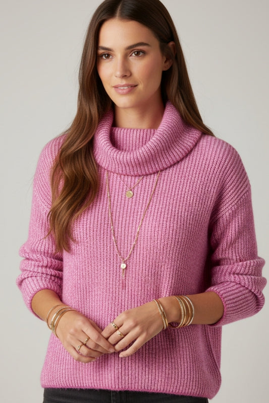 fuchsia ribbed knit sweater with a roll neck