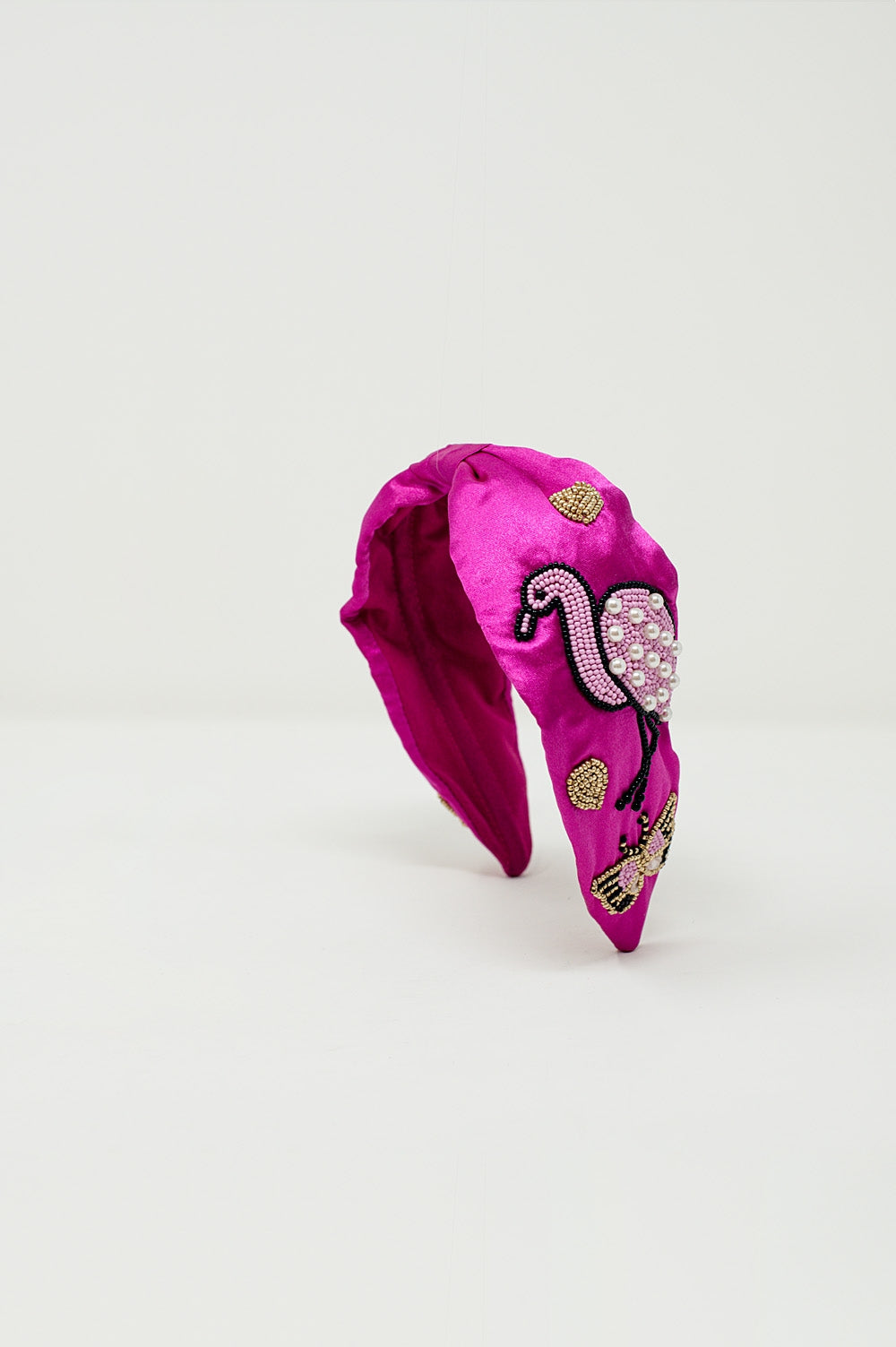 Fuchsia Satin Headband with Embroidered Flamigos