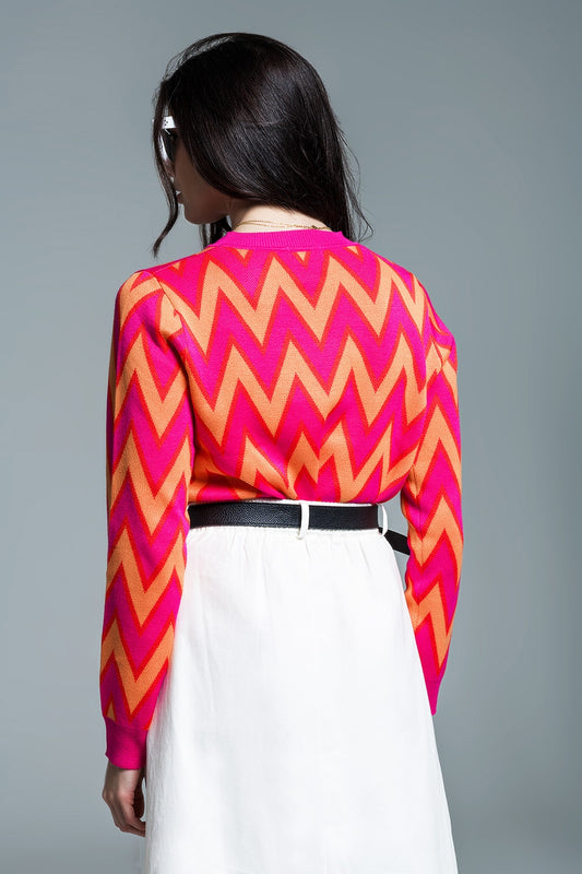 Jersey fucsia con estampado en zig zag con detalles en naranja