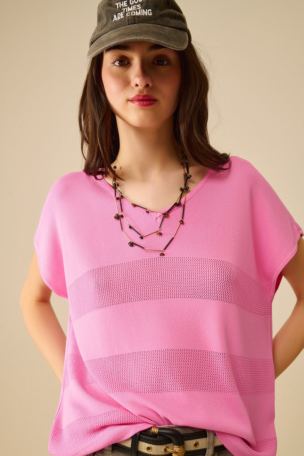 Q2 Fuchsia V-neck knit sweater with open stitch detail
