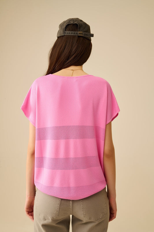 Fuchsia V-neck knit sweater with open stitch detail