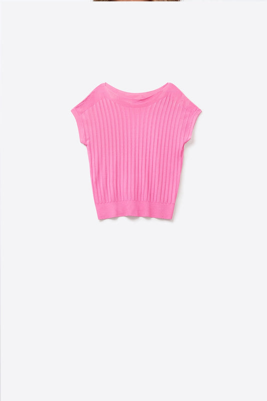 Fucshia fine Rib knitted Sweater with boat neck
