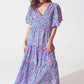 Full Length Dress With Open Tie back in Purple Print