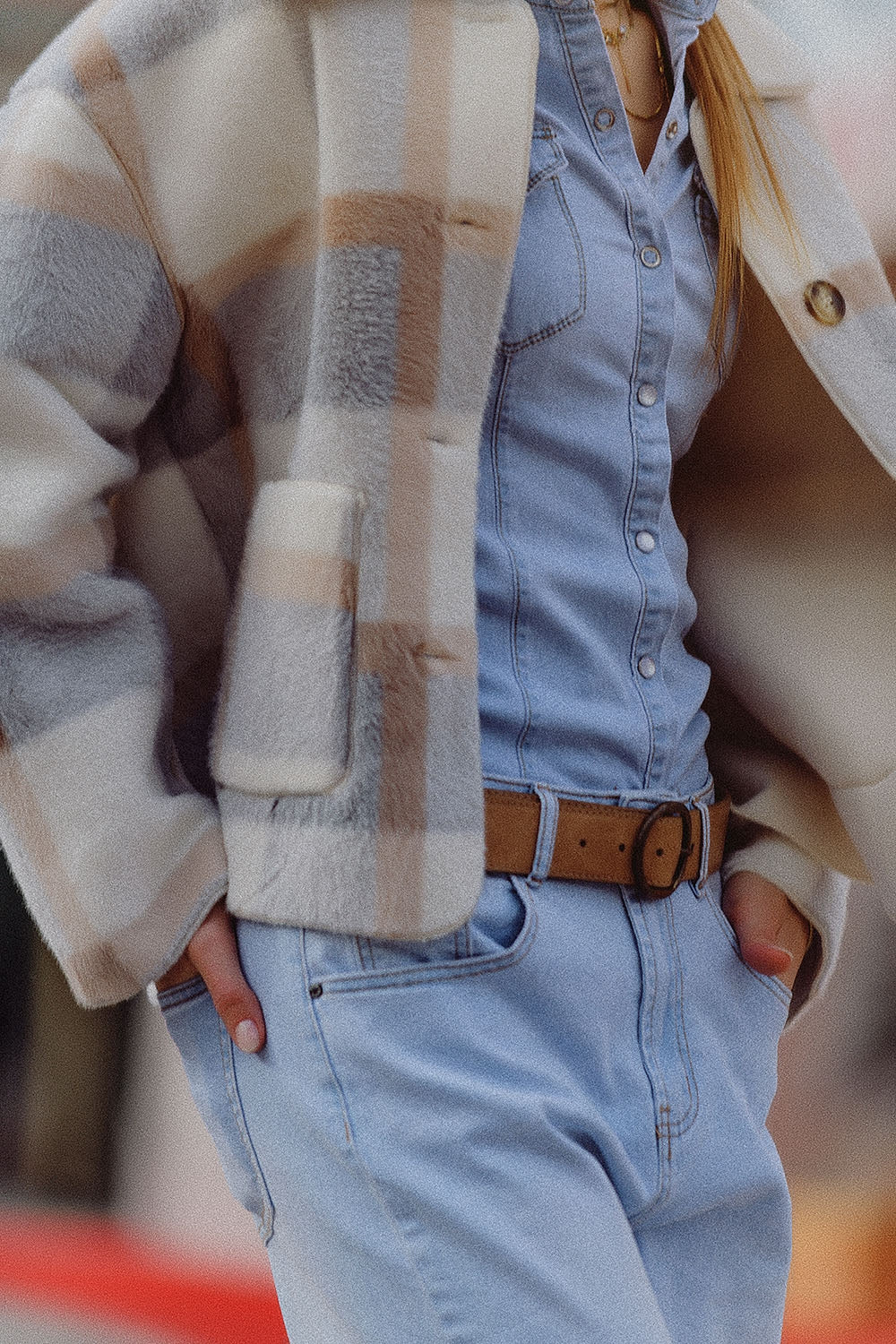 fur jacket with blue check print