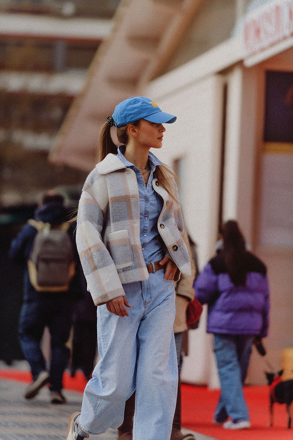 fur jacket with blue check print