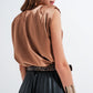 Gathered satin shoulder pad sleeveless top in gold