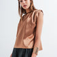 Gathered satin shoulder pad sleeveless top in gold