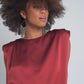 Gathered satin shoulder pad sleeveless top in red