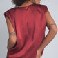 Gathered satin shoulder pad sleeveless top in red