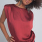 Gathered satin shoulder pad sleeveless top in red