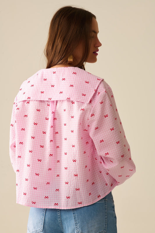 Gingham Peter Pan Collar Blouse in Pink With Bow Print