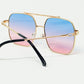 gold square frame sunglasses in ombre light blue with pink