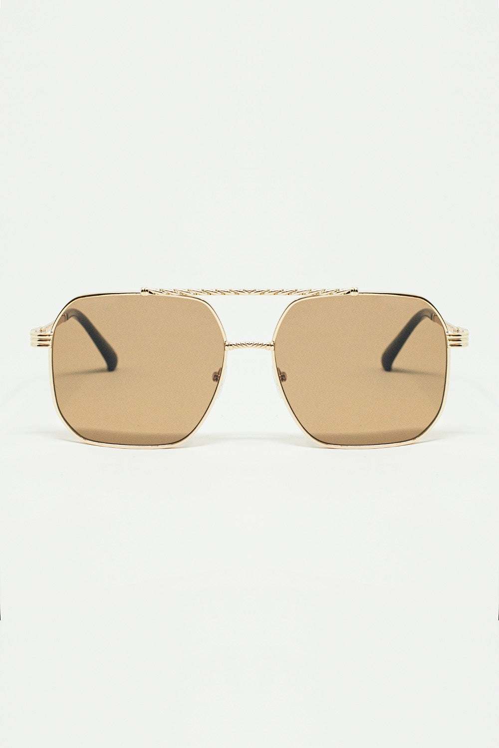 Q2 gold square frame sunglasses with brown lenses