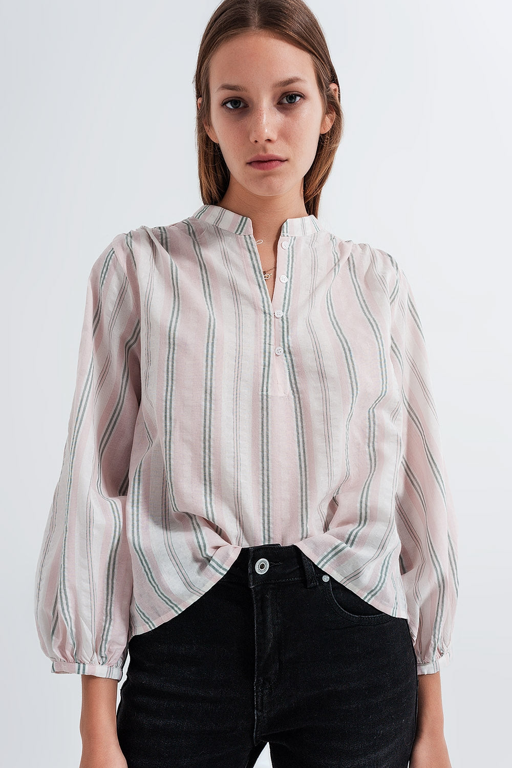 Q2 Grandad shirt in pink stripe