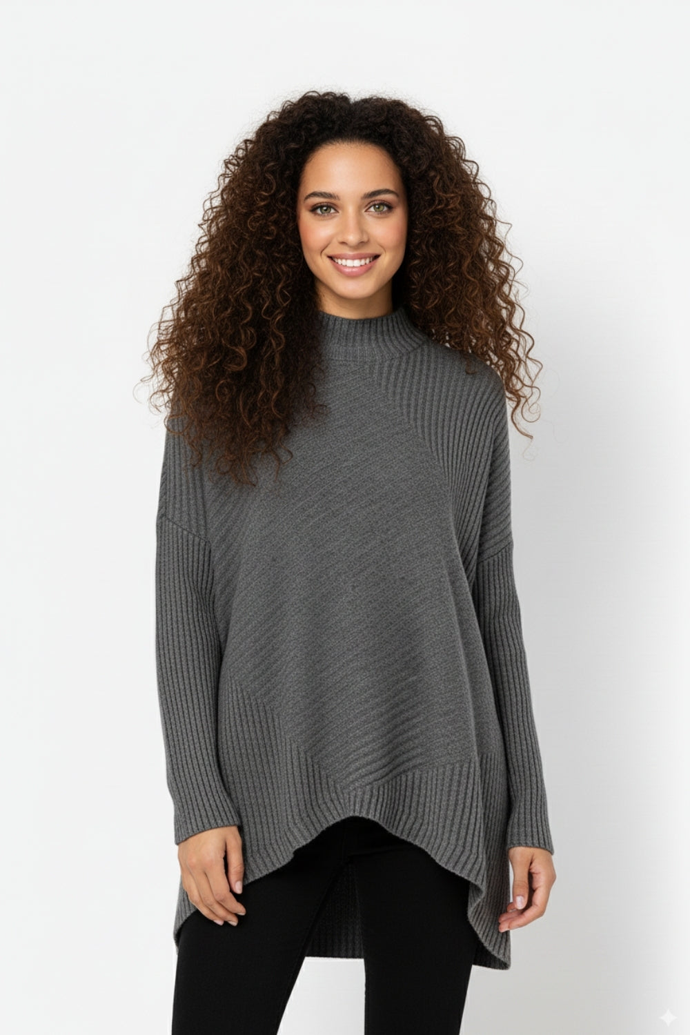 Gray Asymmetric Ribbed Knit Sweater Tunic